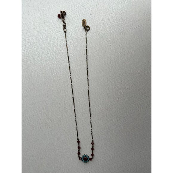 Vintage Liz Palacios BrassTone Red Blue Austrian Crystal Flower Necklace - Picture 8 of 9